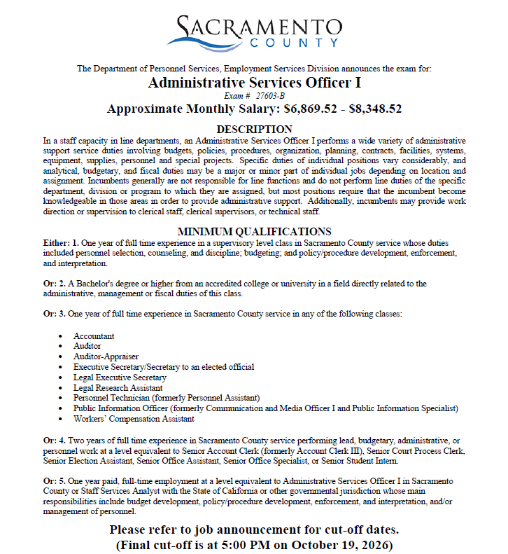 SacCountyCA's tweet photo. Now Hiring! Administrative Services Officer I; Family Service Supervisor; Fleet Service Worker; and more! https://t.co/QDnNKaGY64 https://t.co/OxJvru9h7t