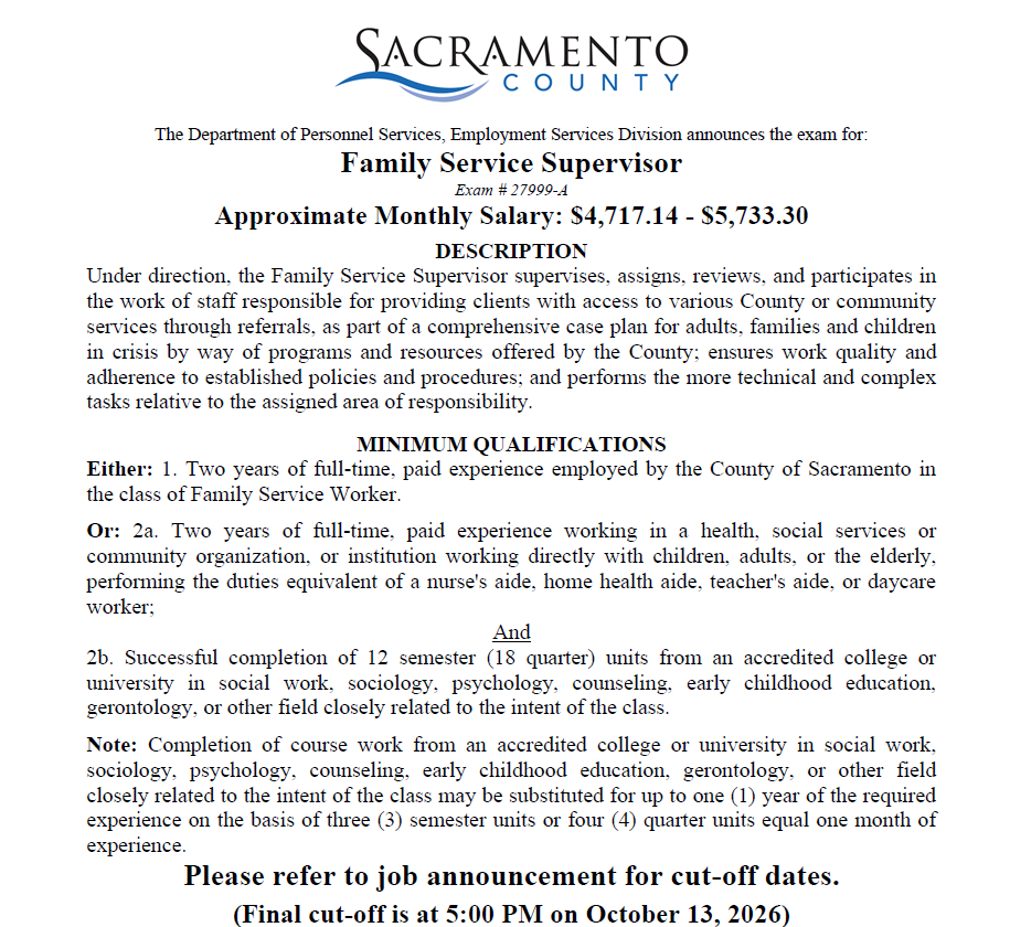 SacCountyCA's tweet photo. Now Hiring! Administrative Services Officer I; Family Service Supervisor; Fleet Service Worker; and more! https://t.co/QDnNKaGY64 https://t.co/OxJvru9h7t