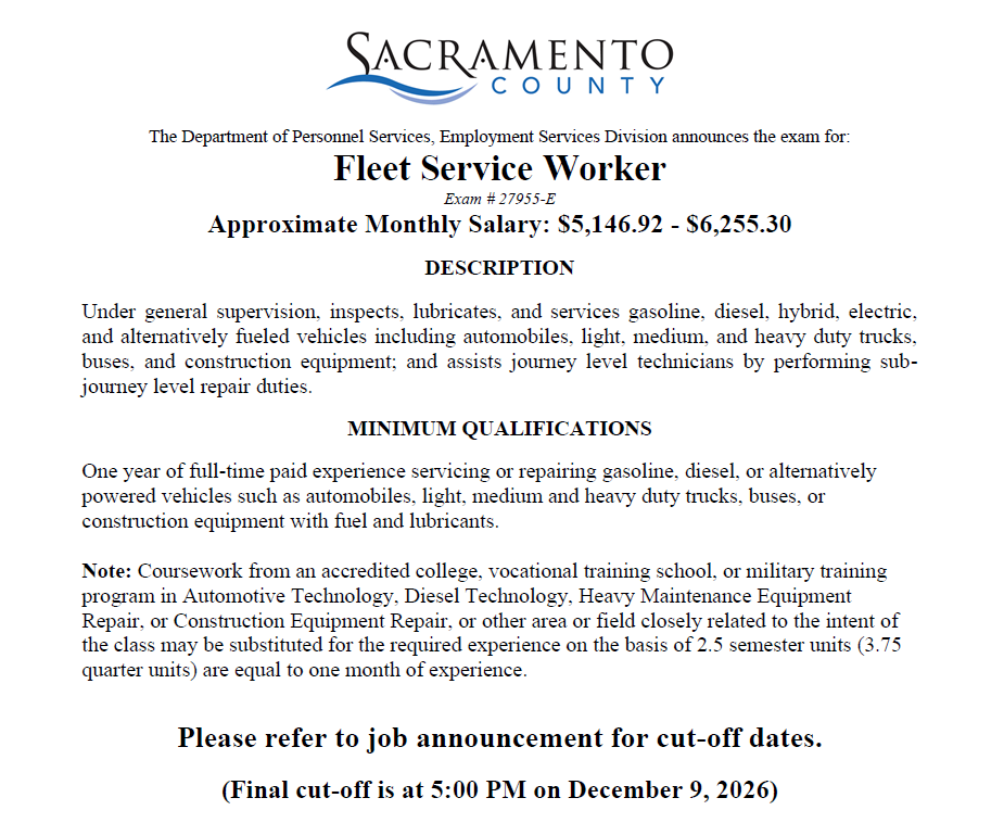 SacCountyCA's tweet photo. Now Hiring! Administrative Services Officer I; Family Service Supervisor; Fleet Service Worker; and more! https://t.co/QDnNKaGY64 https://t.co/OxJvru9h7t