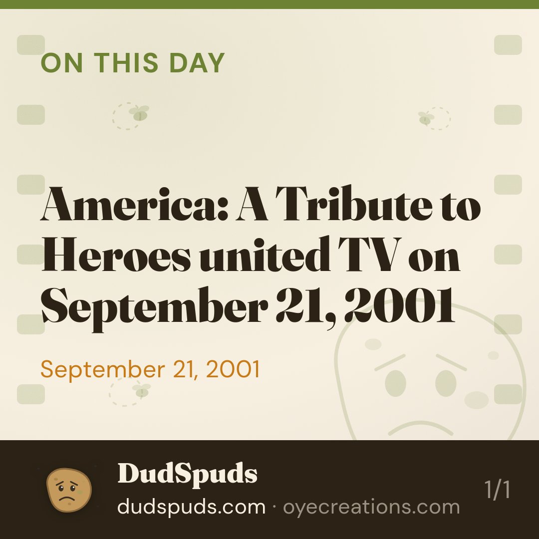 dudspudbud's tweet photo. America: A Tribute to Heroes raised $200 million for 9/11 victims across 35+ channels. A television moment that proved the medium still had the power to bring people together.

#filmtwitter #cinema #moviefacts #dudspuds #filmmaking https://t.co/gvcxmi7wxH