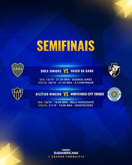 midiavascaina's tweet photo. ⚠️ATENÇÃO: DATAS DAS SEMIS DEFINIDAS ⚠️

O Vasco enfrentará o Boca Juniors na Bombonera dia 13 de outubro, terça feira, as 21h30

A volta será no dia 20 de outubro, também terça feira e também as 21h30 com local A CONFIRMAR

JUNTOS VAMOS GANHAR https://t.co/J9faE7Pdig