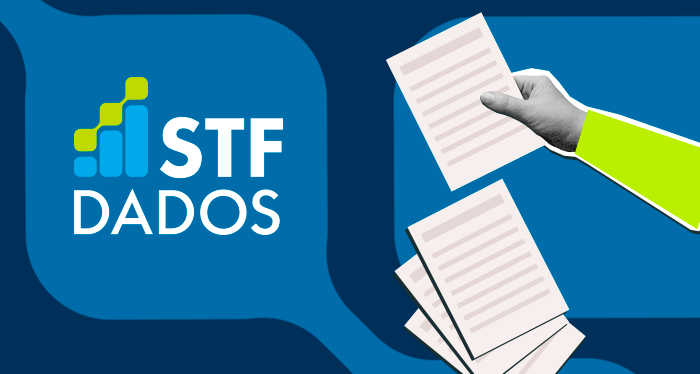 Card com a identidade visual da série “STF Dados”, com a marca da série à esquerda e ilustração de uma mão segurando documentos à direita. Fim da descrição.