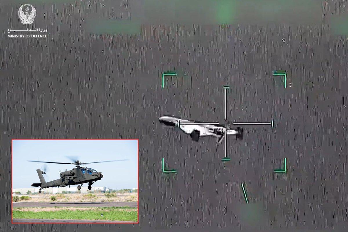 ArmedUpdat1947's tweet photo. UAE AH-64 Apache Eliminating an Iranian Shahed Kamikaze Drone using 30mm M320 Chain Gun over the Persian Gulf. https://t.co/ajY7RI21Xo