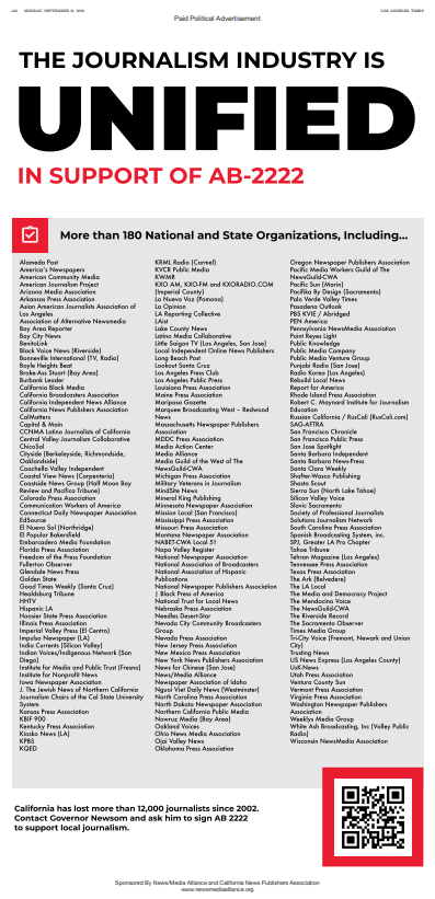 DDerakshan's tweet photo. The News/Media Alliance, CNPA, and newsrooms across the state launched a unified campaign urging Gov. Newsom to protect local journalism. Check the back cover of today’s LA Times or our site to see the ad https://t.co/0tMNDb2m6n