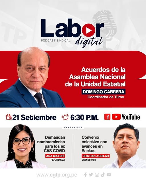 JovenCgtp's tweet photo. Conversamos con Ana Mayurí (FENATBISSA) sobre el nombramiento de los ex CAS COVID del MINSA; Cristian Aguilar (SNO Backus) sobre los avances de su convenio colectivo; y Domingo Cabrera (CTE), sobre los acuerdos de la Unidad Estatal.
#Labor #LaborDigital #CgtpInforma #Peru https://t.co/JKKhh6nbzq