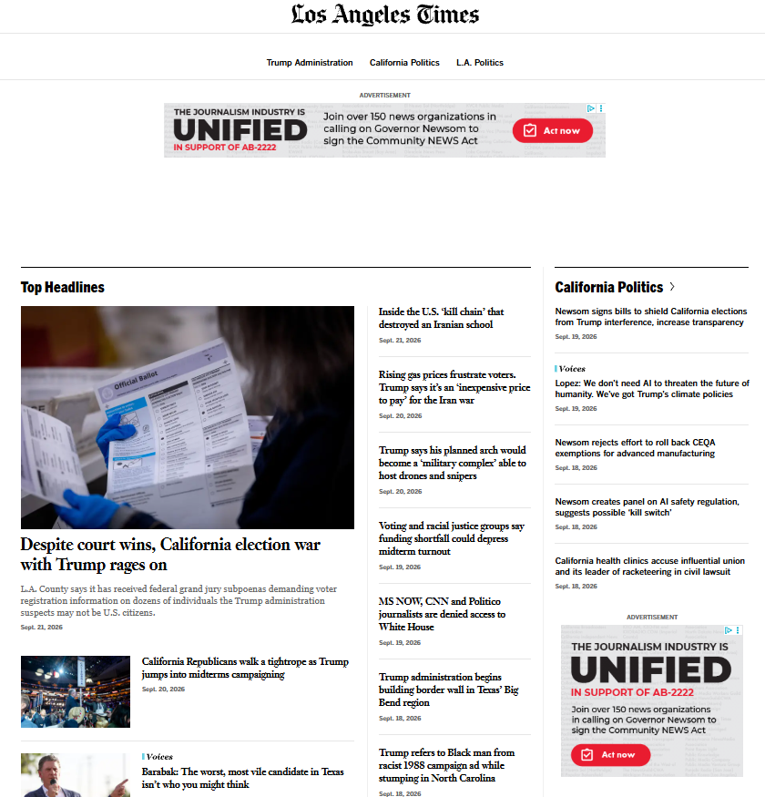 DDerakshan's tweet photo. The News/Media Alliance, CNPA, and newsrooms across the state launched a unified campaign urging Gov. Newsom to protect local journalism. Check the back cover of today’s LA Times or our site to see the ad https://t.co/0tMNDb2m6n