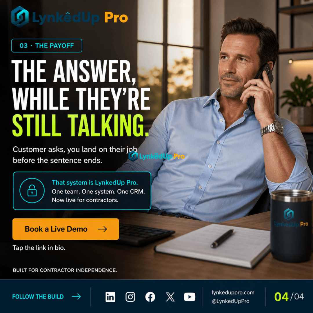lynkedupSaaS's tweet photo. Customer on the phone. You, five screens deep, looking for their job.

Command K. Type. Land.

The answer, while they're still talking.

https://t.co/lM7DmUyRki

#RoofingContractor #RoofingCRM https://t.co/9NAaPkDKex