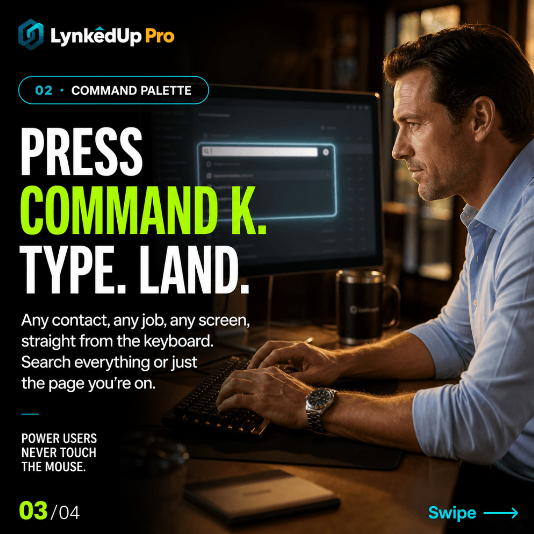 lynkedupSaaS's tweet photo. Customer on the phone. You, five screens deep, looking for their job.

Command K. Type. Land.

The answer, while they're still talking.

https://t.co/lM7DmUyRki

#RoofingContractor #RoofingCRM https://t.co/9NAaPkDKex