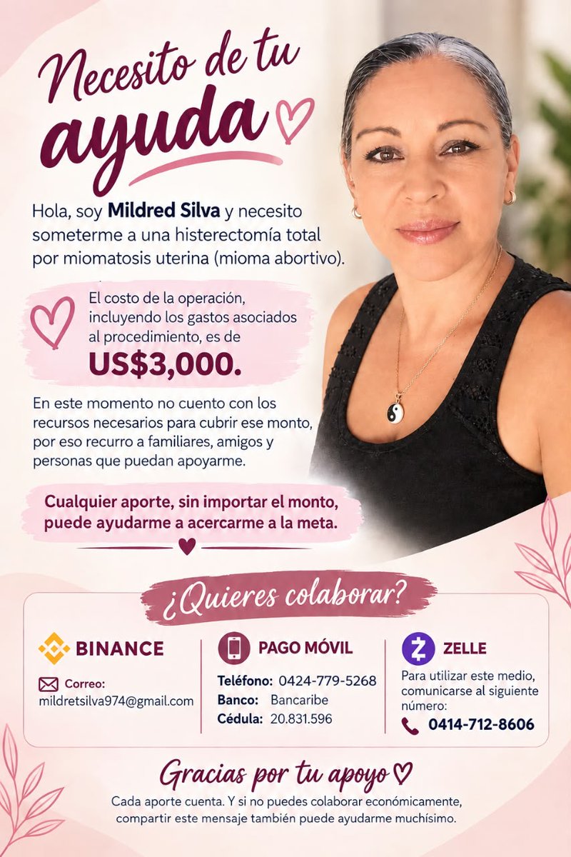 CaraotaDigital's tweet photo. #ServicioPúblico 🚨 | Mildred Silva requiere con urgencia someterse a una histerectomía total debido a una miomatosis uterina. 

El costo de la operación asciende a los $3.000 y no cuenta con los recursos.

Se agradece a quienes puedan colaborar con su causa. https://t.co/bYxIuJS485