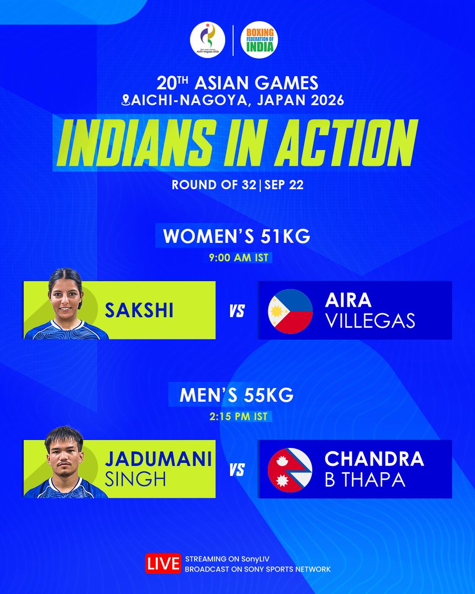 BFI_official's tweet photo. The next bouts are calling! 🥊🔥

Catch our stars in action at Aichi-Nagoya 2026.🙌🏻

📺 Catch all the action LIVE streaming on SonyLIV and broadcasting on Sony Sports Network!

#IndianBoxing #AsianGames2026 https://t.co/cPbHX8ds22