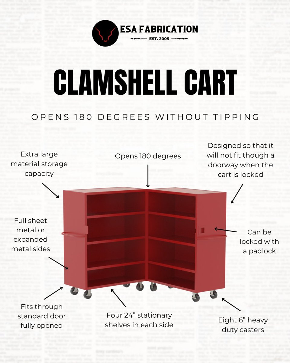 ESAFabrication's tweet photo. Keeping tools and equipment organized is easier when your storage works with you.

The ESA Clamshell Cart gives crews a durable, practical way to store and access tools. The cart opens a full 180 degrees, locks securely in place, and stays stable when fully opened. https://t.co/sh4qmLA2CG