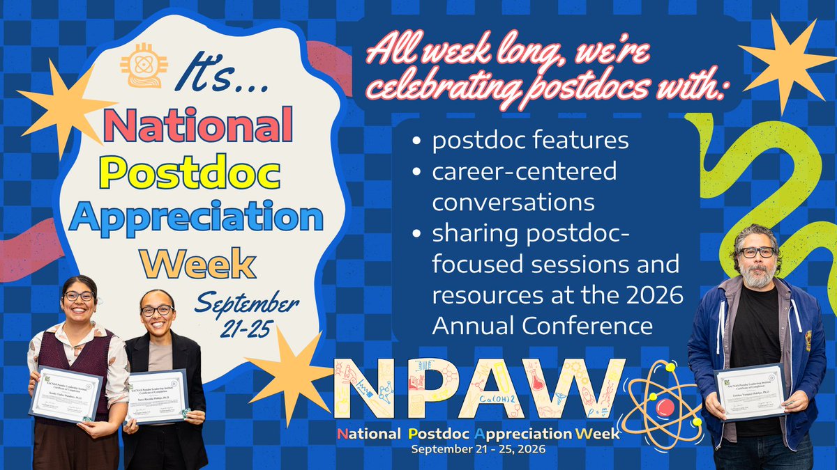 SACNAS's tweet photo. Happy National Postdoc Appreciation Week! 🎉 Postdocs play an essential role in advancing research. This week, #SACNAS is celebrating postdocs with community features, resources, and opportunities at #SACNAS2026. 🌟 #NPAW #nationalpostdoc

🔗 #NPAW survey: https://t.co/zT45b0v0kR https://t.co/SZwJlHxzND