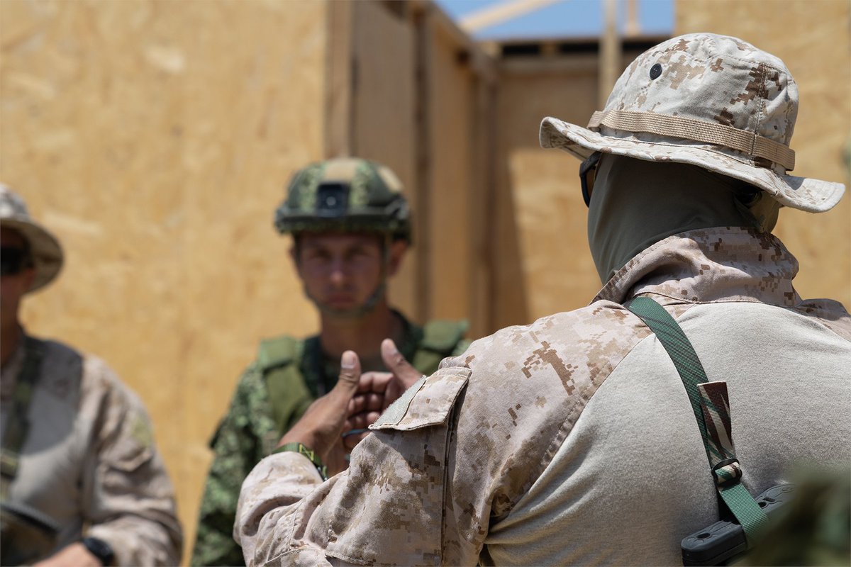 A U.S. Navy Corpsman instructs partner service members during close-quarters training.