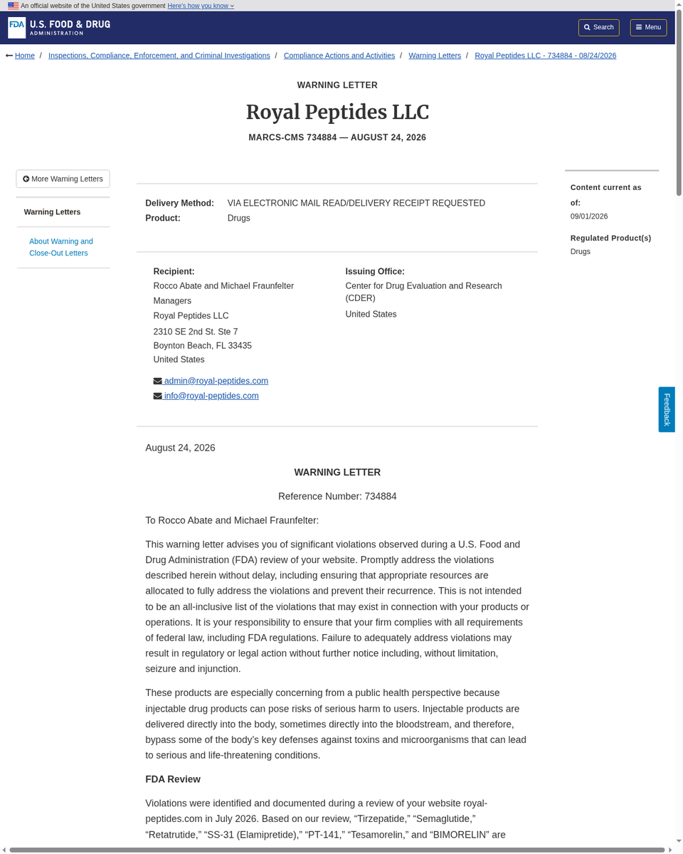deloadlogic's tweet photo. FDA mailed Royal Peptides. Sema, tirz, reta on the list — "research use only" on the label did not save them.

RUO is a sticker. Not a licence. https://t.co/vkaRzNn0kB