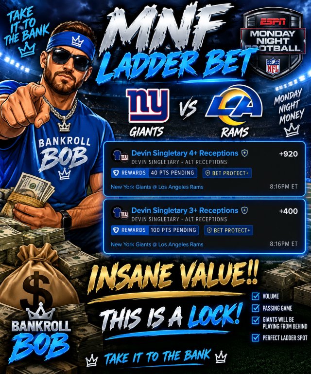 swvamtb's tweet photo. 🚨 INSANE VALUE LADDER BET🚨 
These odds are absolutely ridiculous for this play. 
Rams gave up 6 receptions to Running backs in Week 1.
Skattebo comes off the field for passing downs and did not record a single target in week 1
Singletary caught 4 passes against Dallas week 1. https://t.co/kYozyxkgHZ