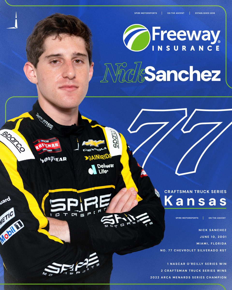 SpireMotorsport's tweet photo. He'll have another go in the No. 77 truck.

@Nicksanchez080 will hop in the @Freeway_Ins Chevrolet this weekend in Kansas. https://t.co/lY5sb8tTTV