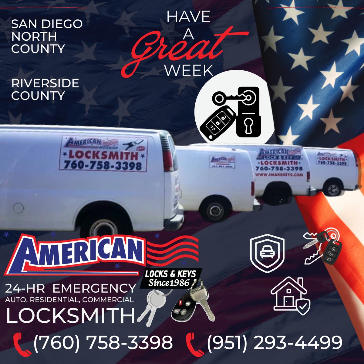 imakekeys's tweet photo. Have a GREAT #WEEK!

We are your best and most affordable #24Hour #Locksmith in #VistaCA, #SanDiegoNorthCounty, and southern #RiversideCounty

Call Us Now:
• SD North County: (760) 758-3398
• Riverside County: (951) 293-4499
#NorthCountySD https://t.co/mF9PenpRRE