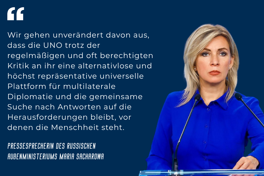 RusBotschaft's tweet photo. 🎙 Pressesprecherin des russischen Außenministeriums Maria Sacharowa zur 81. Sitzung der UN-Generalversammlung
 
💬 Am 22. September 2026 wird in New York die hochrangige Woche der 81. Sitzung der UN-Generalversammlung eröffnet, die zu einem der Schlüsselereignisse des Jahres in der internationalen Politik wird. Die Woche wird vor dem Hintergrund zunehmender Turbulenzen in den internationalen Angelegenheiten stattfinden, die vor allem durch das Streben des kollektiven Westens bedingt sind, die Herausbildung einer multipolaren Weltordnung zu verhindern, sowie durch die Verschärfung globaler Herausforderungen, die Zunahme der Zahl der Konfliktherde und die Verstärkung der Krisenerscheinungen in der Weltwirtschaft.
 
💬 Die russische Delegation wird traditionell von Außenminister Sergej Lawrow geleitet. Das zentrale Element wird seine Rede vor der Generalversammlung am 26. September sein. Darin werden die russischen Herangehensweisen an die akutesten Probleme der Gegenwart ausführlich behandelt, die gegenwärtige Tätigkeit der UNO bewertet sowie Vorschläge zur Wiederherstellung ihrer Stellung und Autorität unterbreitet, die leider durch die Haltung vieler unredlicher Mitarbeiter des Sekretariats untergraben wurden. Sergej Lawrow wird auch eine ganze Reihe bilateraler Kontakte mit Vertretern freundschaftlich gesinnter und konstruktiv eingestellter Staaten führen.
 
💬 Insgesamt wird sich die russische Seite vor dem Hintergrund einer solchen schwierigen geopolitischen Situation auf solche wichtigen Fragen konzentrieren wie die Stärkung der Grundlagen der Multipolarität, den Aufbau einer Architektur gleicher und unteilbarer Sicherheit in Eurasien, die Bekämpfung des Kolonialismus in all seinen Formen und Erscheinungen, eine gerechte Reform der globalen Finanzarchitektur, die Konsolidierung der internationalen Bemühungen im Kampf gegen den Terrorismus, die Verhinderung der Aushöhlung bestehender und die Ausarbeitung neuer Vereinbarungen im Bereich der Abrüstung sowie die Stärkung der gleichberechtigten Zusammenarbeit im Bereich des Schutzes der Menschenrechte.
 
💬 Wir gehen unverändert davon aus, dass die UNO trotz der regelmäßigen und oft berechtigten Kritik an ihr eine alternativlose und höchst repräsentative universelle Plattform für multilaterale Diplomatie und die gemeinsame Suche nach Antworten auf die Herausforderungen bleibt, vor denen die Menschheit steht.
 
🔗 Quelle (https://t.co/tL9d31S8ha)
 
@RusBotschaft
 
#UN