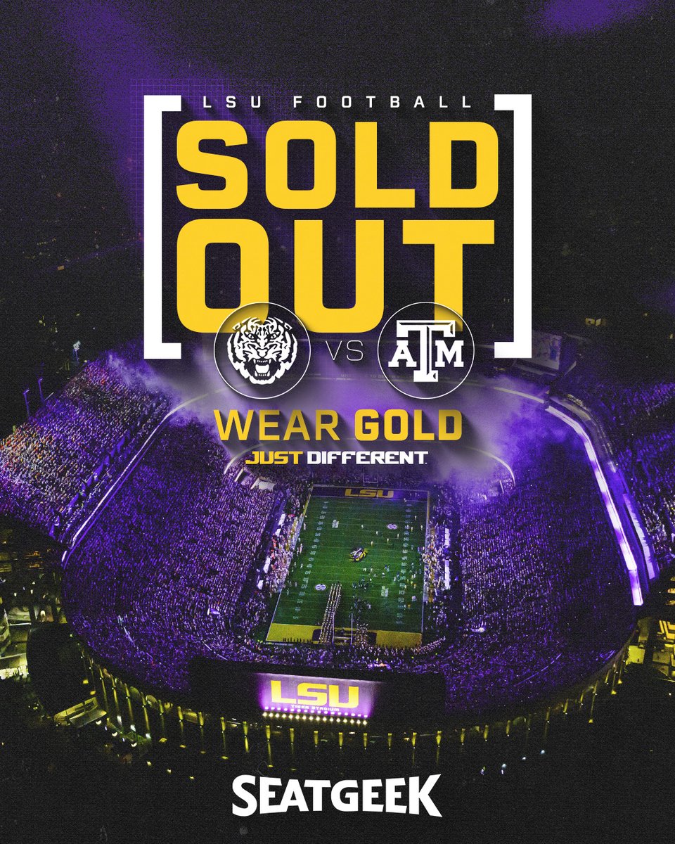 LSUfootball's tweet photo. Get your GOLD ready for a sold out Tiger Stadium on Saturday night 

🎟️ https://t.co/8pD6LA7a7e https://t.co/HYtuAfuF62