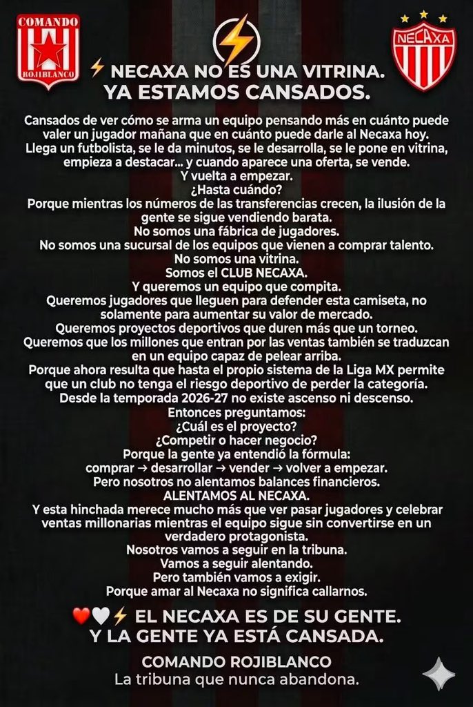 ElMedioAgs's tweet photo. ¡Alzan la voz!

El Comando Rojiblanco, grupo de animación del @ClubNecaxa , hizo sonar su voz en redes sociales. Publicaron un mensaje donde destacan su inconformidad ante el modelo de negocios que impera desde que los Tinajero tomaron el control de la institución. https://t.co/JI2ZePVnwG