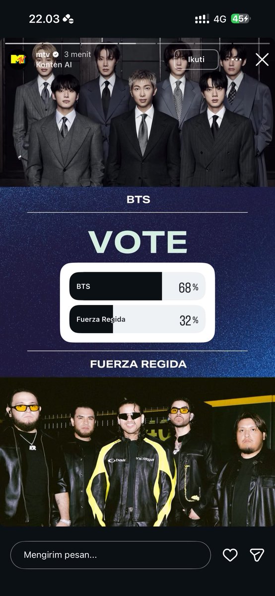 JUNG9795_'s tweet photo. 📢 voting Best Group di MTV VMAs 2026 lewat Instagram Story 👇🏻

🗓️ 21–24 September 2026
⏰ 11.00 AM ET = 22.00 WIB 🇮🇩

📲 caranya:
- buka Instagram Story akun @MTV (https://t.co/Wm9Ui2a06r)
- cari voting Best Group
- pilih BTS
- tap pilihan kalian untuk submit vote ✅

pake semua akun IG yg kalian punya ya guis!!