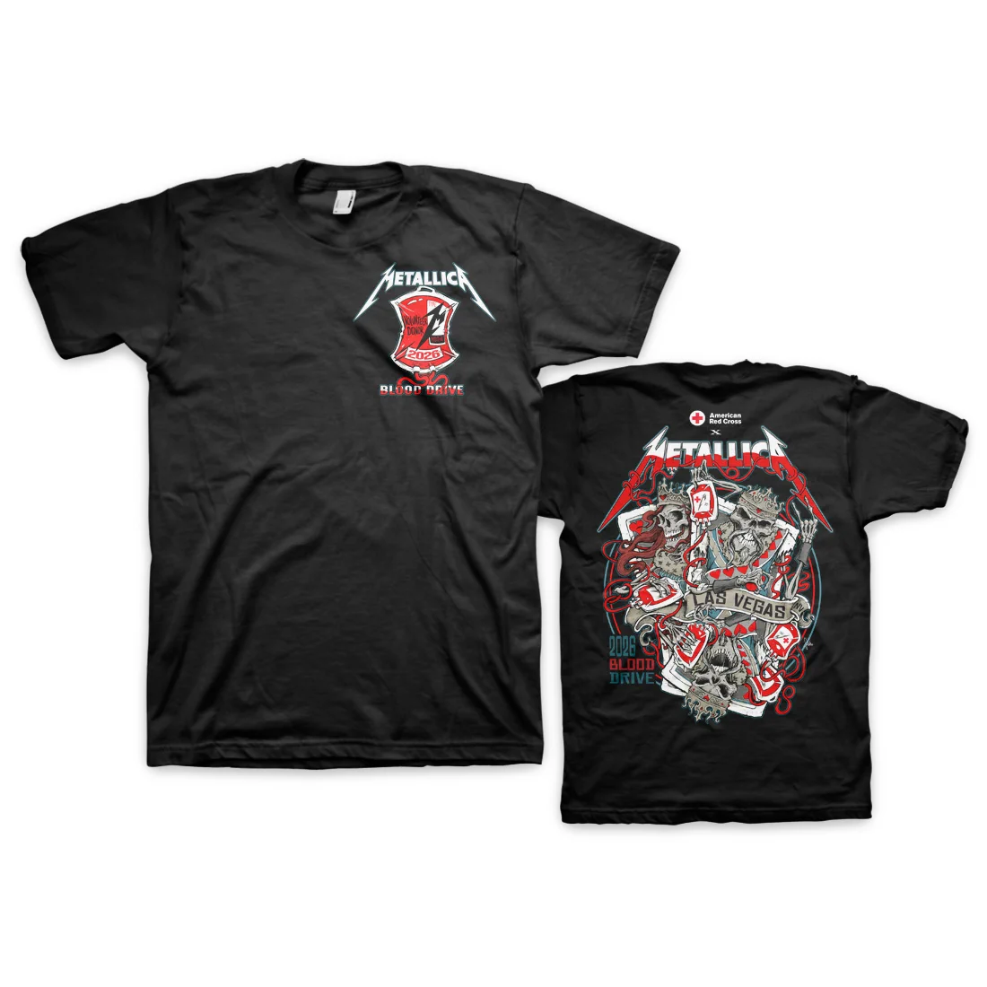 Promotional graphic showing the front and back of a black Red Cross x Metallica T-shirt for the 2026 Blood Drive in Las Vegas. The front features the Metallica logo above a red blood donation bag graphic with the text ‘2026 Blood Drive.’ The back features a large illustrated design incorporating skulls, blood donation imagery, and the words ‘Las Vegas’ and ‘2026 Blood Drive,’ along with American Red Cross and Metallica branding.