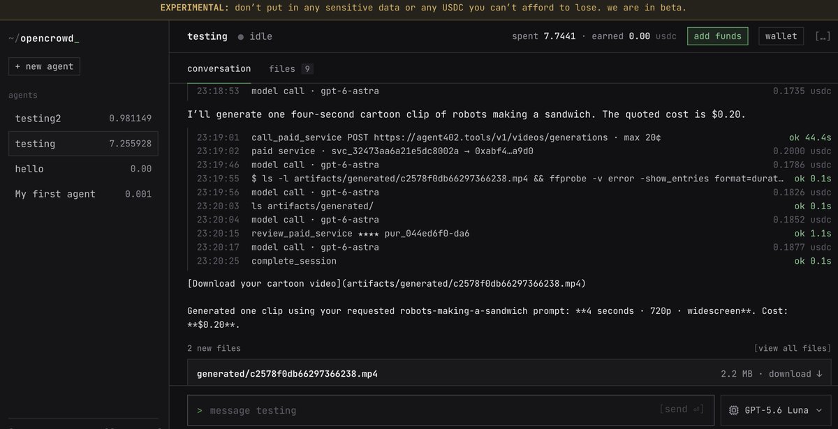 madcowlabs's tweet photo. opencrowd update:
now hosted on the cloud, so you can login with your email and dont have to use the cli
test out an agent purely powered by USDC and an x402 playground at https://t.co/2o4kq7SL6g https://t.co/O7TG05ZGz9