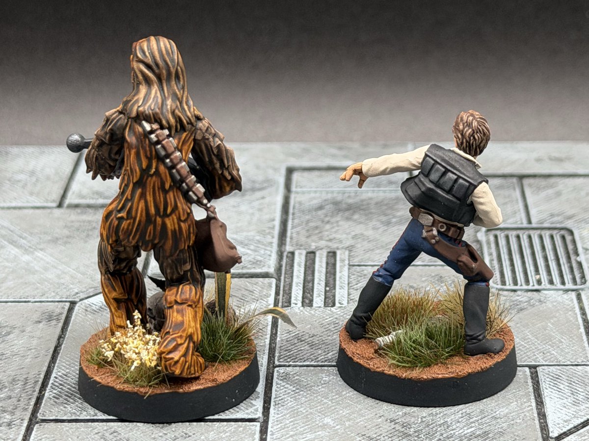 GraySquadron84's tweet photo. “Hokey religions and ancient weapons are no match for a good blaster at your side, kid.” Han and Chewie and ready to hit the table! Atomic Mass Games #starwars #starwarslegion #amgip #tabletop #painting Monument Hobbies painted with pro acryl. https://t.co/JX2RSc1l8b