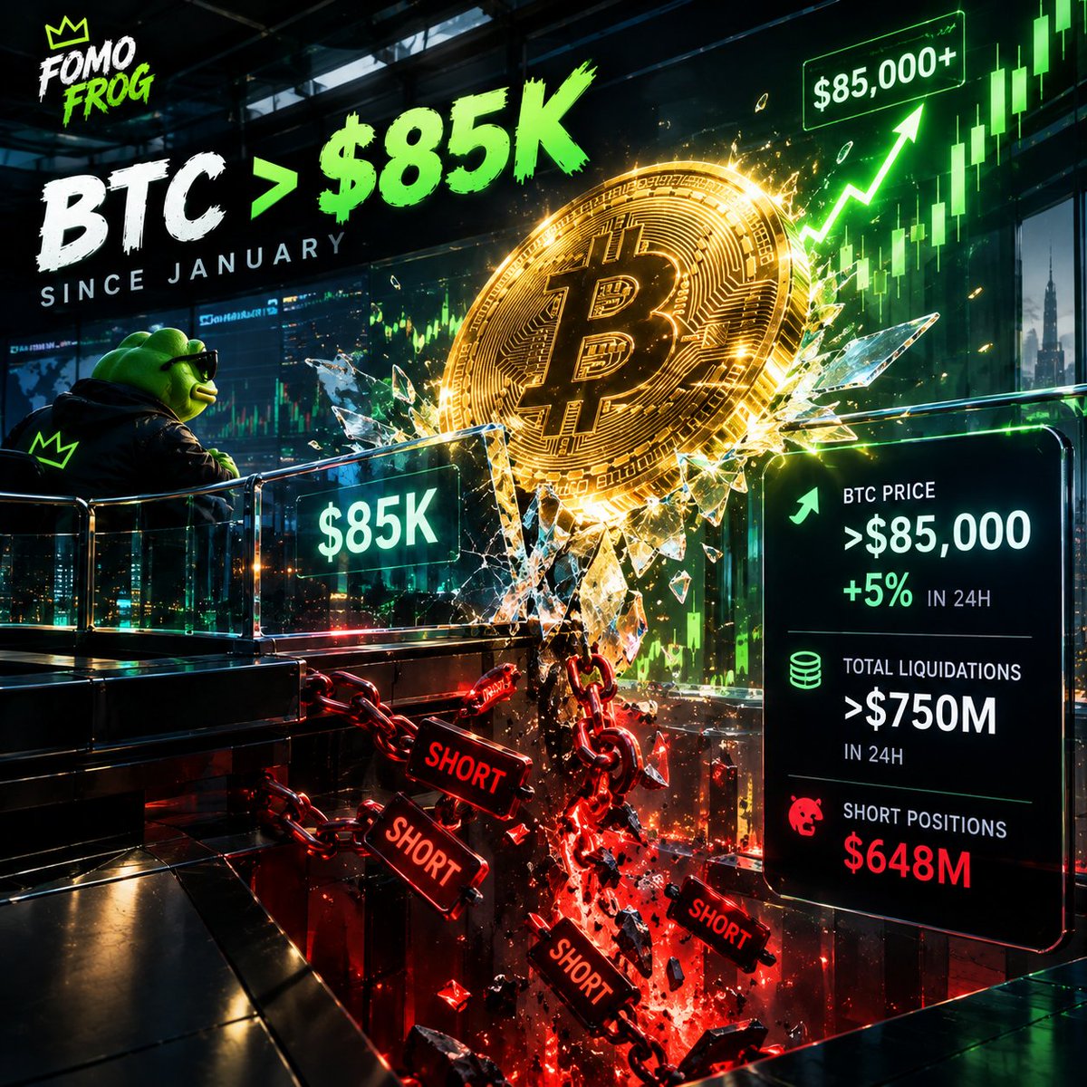 FOMOFROGHQ's tweet photo. π¨ BITCOIN JUST HIT $85K π₯
BTC briefly climbed above $85,000, its highest level since January.
More than $750M in crypto positions were liquidated in 24h β including $648M in shorts. π
Short squeeze or real breakout? πΈ
#Bitcoin #BTC #Crypto #FOMOFROG https://t.co/mjfYMxfFpd