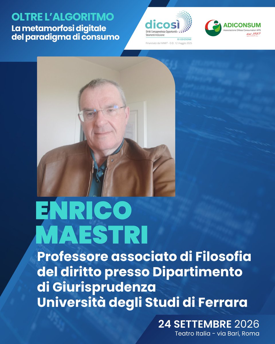 adiconsum's tweet photo. ll 24 settembre a Roma, al Teatro Italia, l’evento OLTRE L’ALGORITMO la metamorfosi digitale (AI) del paradigma di consumo vede la presenza di diversi professori universitari come #GiovanniDeCristofaro (Presidente #Adiconsum), #EnricoMaestri @UniFerrara e @stefanoepifani.

 L’evento vuole infatti:
 📌Offrire un luogo di riflessione comprensiva sull’impatto complessivo dell’intelligenza artificiale sui processi decisionali di acquisto, vendita, post-vendita, sicurezza e tutela del consumatore.

 📌Far emergere le principali sfide da affrontare per far sì che l’Intelligenza artificiale e le tecnologie possano essere indirizzate nel giusto modo, diventando una risorsa per il cittadino consumatore semplificando il rapporto B2C, favorendone la trasparenza e la sicurezza anche alla luce delle nuove e vecchie normative europee.

L’evento è ad ingresso gratuito con obbligo di registrazione ed è dedicato a tutti: consumatori, famiglie, professionisti, imprenditori, studenti e associazioni.

Prenota il tuo posto in sala 👇 
https://t.co/gkH48HckeC

#DICOSì #Adiconsum