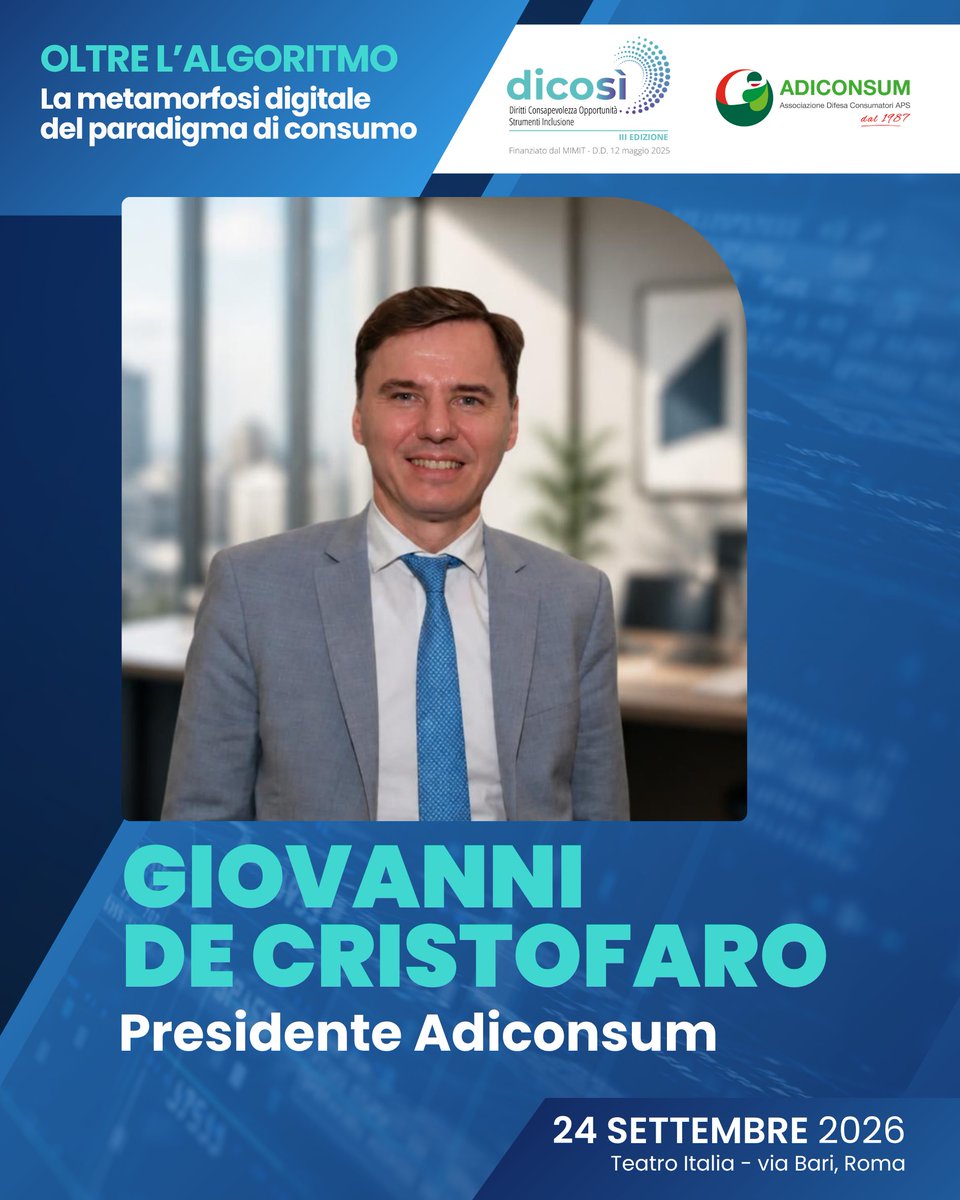 adiconsum's tweet photo. ll 24 settembre a Roma, al Teatro Italia, l’evento OLTRE L’ALGORITMO la metamorfosi digitale (AI) del paradigma di consumo vede la presenza di diversi professori universitari come #GiovanniDeCristofaro (Presidente #Adiconsum), #EnricoMaestri @UniFerrara e @stefanoepifani.

 L’evento vuole infatti:
 📌Offrire un luogo di riflessione comprensiva sull’impatto complessivo dell’intelligenza artificiale sui processi decisionali di acquisto, vendita, post-vendita, sicurezza e tutela del consumatore.

 📌Far emergere le principali sfide da affrontare per far sì che l’Intelligenza artificiale e le tecnologie possano essere indirizzate nel giusto modo, diventando una risorsa per il cittadino consumatore semplificando il rapporto B2C, favorendone la trasparenza e la sicurezza anche alla luce delle nuove e vecchie normative europee.

L’evento è ad ingresso gratuito con obbligo di registrazione ed è dedicato a tutti: consumatori, famiglie, professionisti, imprenditori, studenti e associazioni.

Prenota il tuo posto in sala 👇 
https://t.co/gkH48HckeC

#DICOSì #Adiconsum