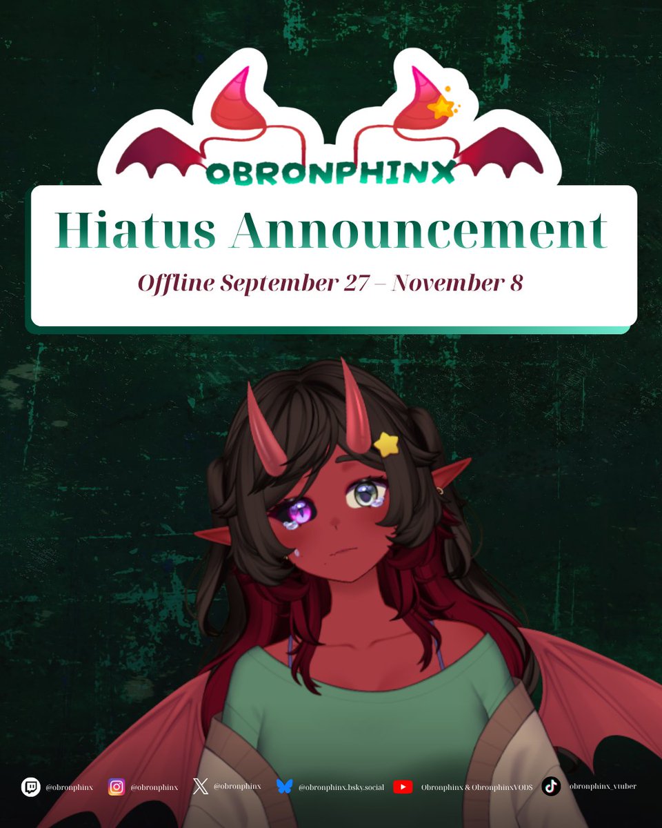Obronphinx's tweet photo. Hey babes! This announcement is bittersweet, but it's for a good reason. I will be going on a hiatus from September 27 through November 8. That's almost a month and a half during which I will be offline. (1/3) https://t.co/zEfrdU21ck