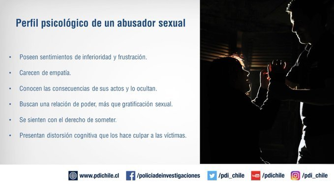 PDI_Maule's tweet photo. ¿Qué caracteriza a un abusador sexual? De acuerdo a los psicólogos forenses de nuestro Instituto de Criminología, si bien no existe un único perfil, muchos de ellos presentan patrones comunes de conducta. https://t.co/KIPXD0bgK2