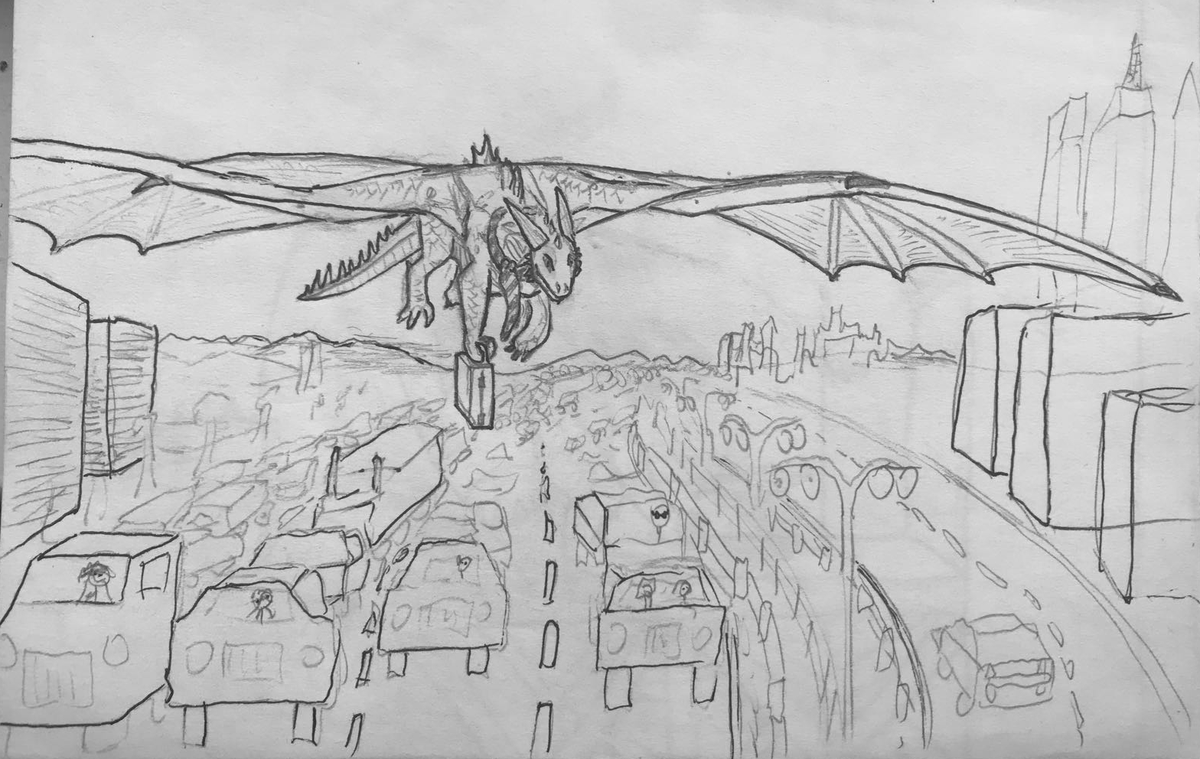 PredatoriaED's tweet photo. I was out of town this weekend, and did not stop my daily dragon sketches! I drew them on paper since I was out camping.  Large buildings have landing pads for dragons to enter conveniently. Flying to work and landing at the office! https://t.co/tChW3Sc9M4