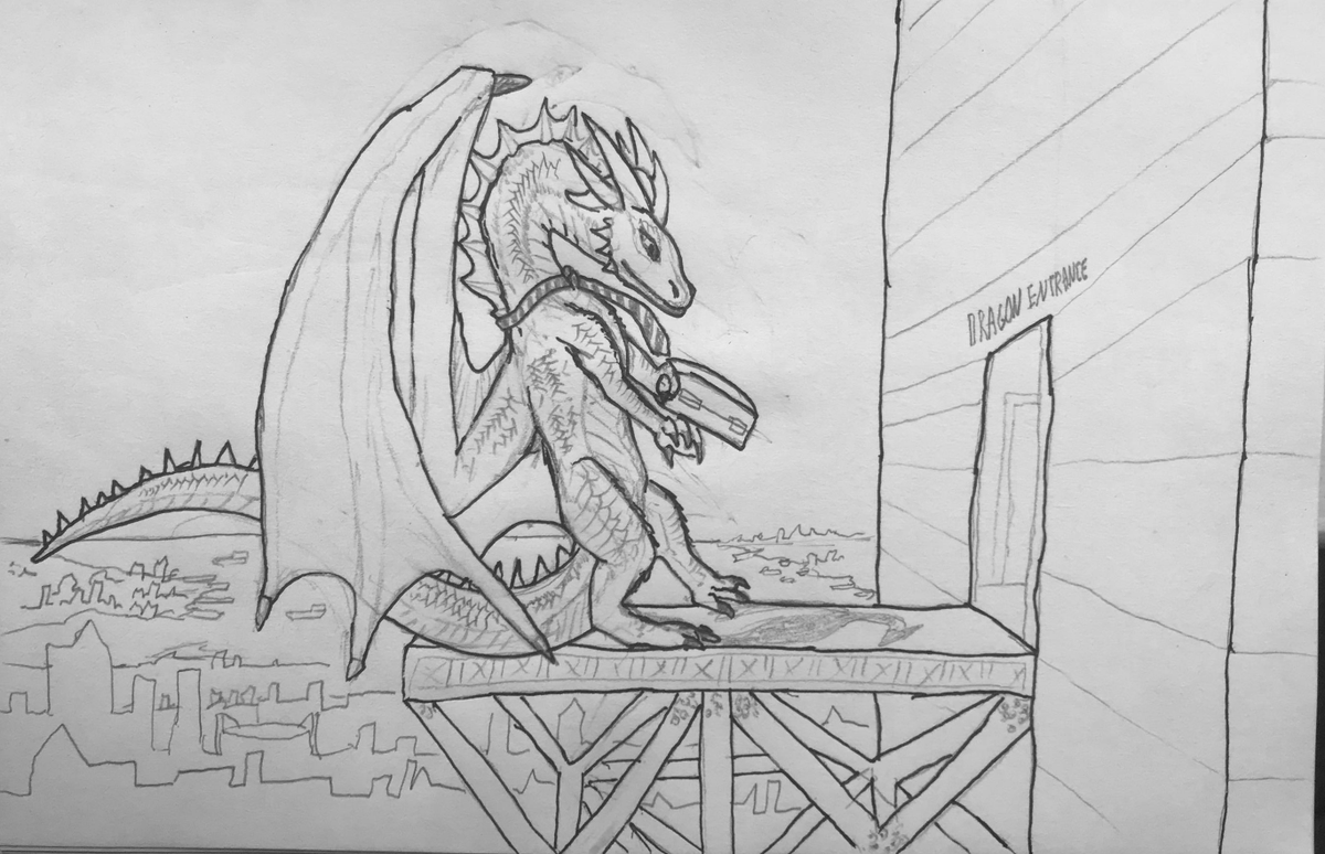 PredatoriaED's tweet photo. I was out of town this weekend, and did not stop my daily dragon sketches! I drew them on paper since I was out camping.  Large buildings have landing pads for dragons to enter conveniently. Flying to work and landing at the office! https://t.co/tChW3Sc9M4