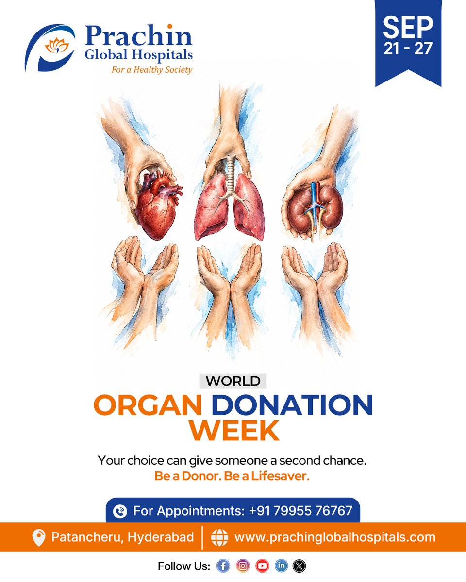 Prachinhospital's tweet photo. World Organ Donation Week 🫀
One choice can give someone a second chance at life.
Be a Donor. Be a Lifesaver.

📍 Prachin Global Hospitals, Patancheru
📞 +91 79955 76767

#WorldOrganDonationWeek #OrganDonation #BeADonor https://t.co/94hJ3cc48N