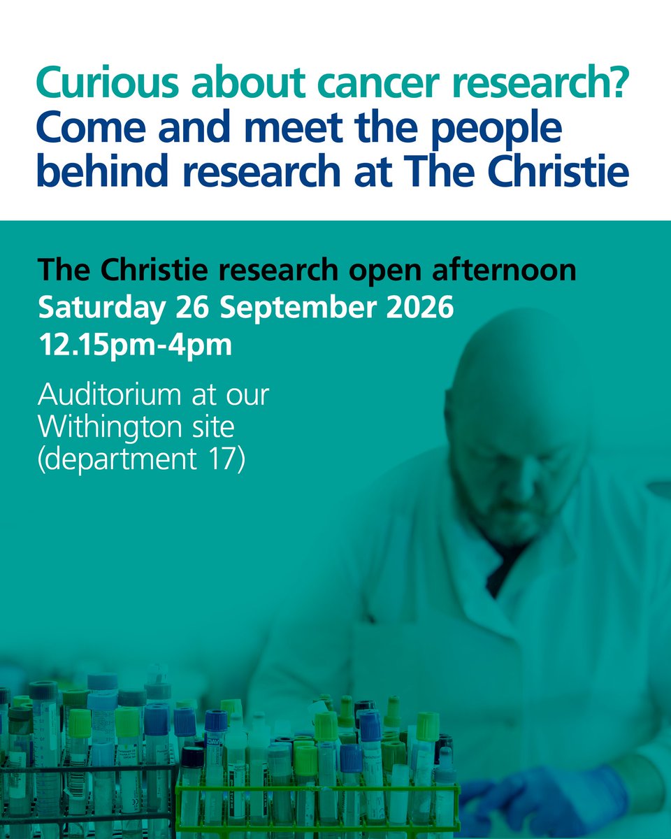 A graphic promoting the open day, It has a picture of a man in a lab coat on it. He is pictured with some test tubes and he is holding one of them.