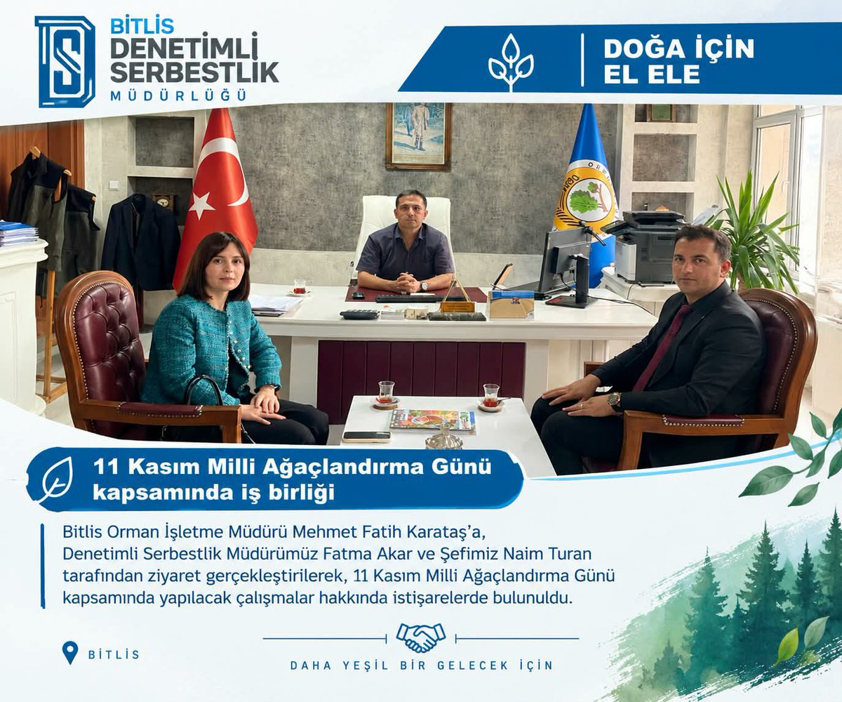 BitlisDSM's tweet photo. 🌱 11 Kasım Milli Ağaçlandırma Günü
Kurum Müdürümüz Fatma Akar ve Kurum Şefimiz Naim Turan, Bitlis Orman İşletme Müdürü Mehmet Fatih Karataş’ı ziyaret etti.
Görüşmede, 11 Kasım Milli Ağaçlandırma Günü kapsamında yapılacak çalışmalar hakkında istişarelerde bulunuldu. https://t.co/Ynn2CoB9wH