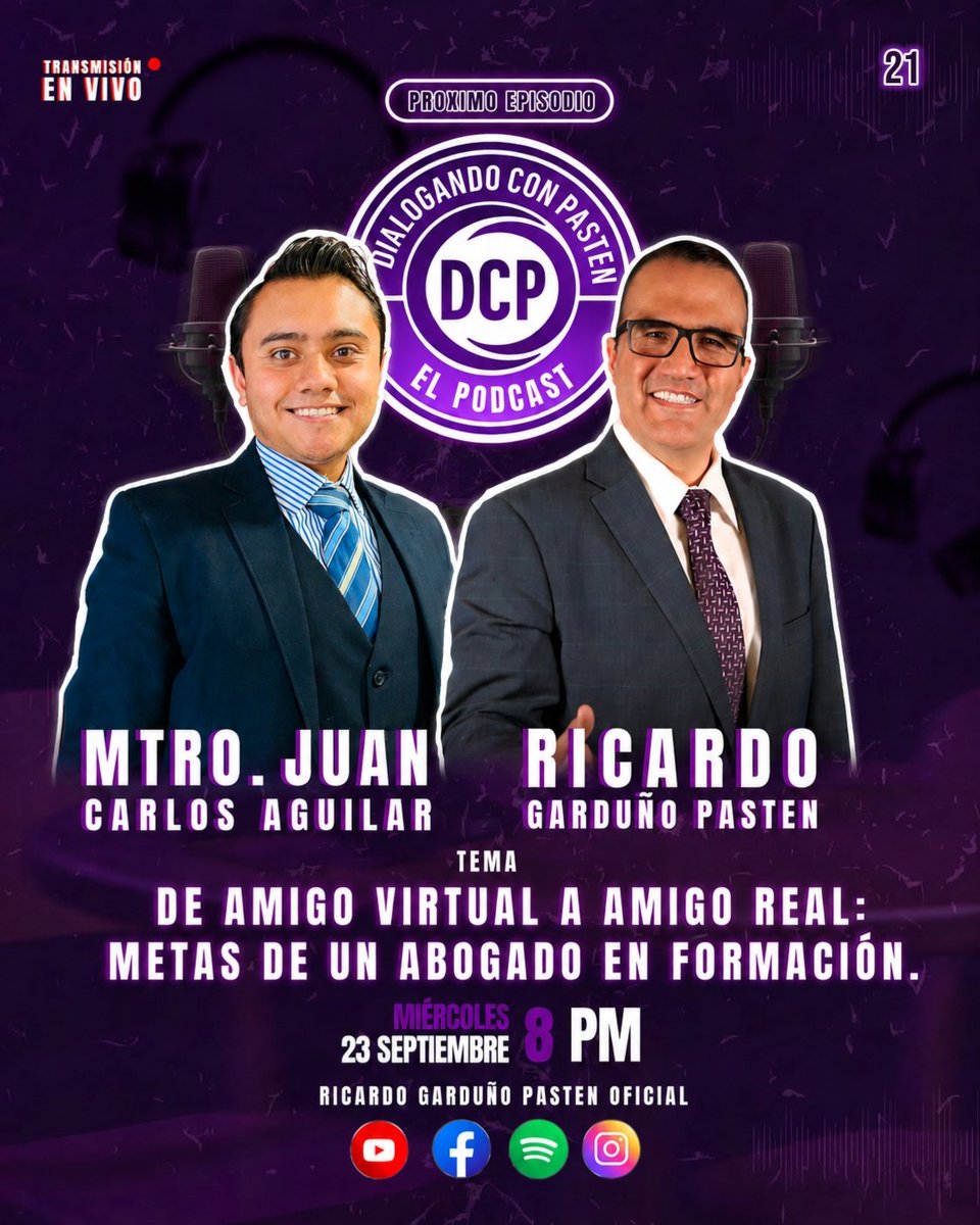 GardunoPasten's tweet photo. ¡Excelente inicio de semana! 🎙️⚖️
Este miércoles 23 de septiembre a las 8:00 p. m., acompáñenme en un nuevo episodio de #DialogandoConPasten junto al Mtro. Juan Carlos Aguilar. Hablaremos sobre: “De amigo virtual a amigo real: metas de un abogado en formación”. #RGP https://t.co/EeRhDClTik