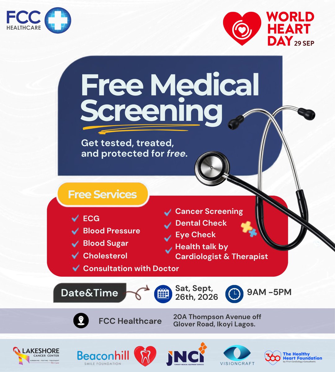 HealthcareFcc's tweet photo. Your heart deserves more than a once-a-year check. 

This World Heart Day, we’re making it easier to take charge of your health with FREE medical screenings at FCC Healthcare.

Date:
Saturday, September 26, 2026
Time: 9 AM – 5 PM
Venue: FCC Healthcare, 20A Thompson Avenue, off Glover Road, Ikoyi, Lagos

Come with your family and friends. 

@jnciltd @lcccares @healthyheart360 @beaconhillclinic @visioncraftng 

#WorldHeartDay #WorldHeartDay2026 #FCCHealthcare #FreeMedicalScreening #HeartHealth #Audrey #PreventiveHealth #HealthcareNigeria #LagosHealth #IkoyiLagos #freeheartchecks