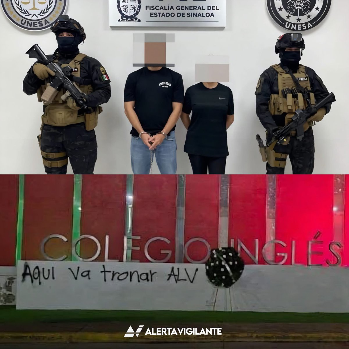 VigiaCiudadano7's tweet photo. Por expulsar a su hijo, padres dejan corona fúnebre con amenazas al exterior del colegio; terminaron detenidos. 

Una pareja fue detenida en Culiacán tras dejar una corona fúnebre y pintar amenazas en la fachada del Colegio Inglés de Durango, todo en represalia porque la institución privada decidió expulsar a su hijo.

Benito “N” y María Damaris “N” llegaron de madrugada en una camioneta Mercedes Benz para colocar el arreglo y pintar la frase “Aquí va a tronar ALV!!”. 

Las autoridades lograron rastrearlos gracias a las cámaras de seguridad del C4 y a un error insólito: pagaron la corona con la misma tarjeta bancaria que usaban para pagar las colegiaturas del menor.

Además de los daños, la pareja realizó llamadas al colegio haciéndose pasar por criminales para exigir hablar con el dueño. 

Un juez los vinculó a proceso por los delitos de amenazas y daños dolosos, aunque les concedió la suspensión condicional del proceso por un año, periodo en el que deberán cumplir estrictas condiciones para no ir a prisión.