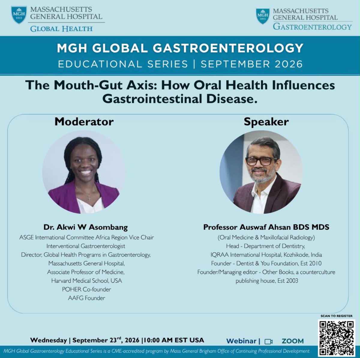 AkwiAsombangMD's tweet photo. I am moderating @MassGenBrigham Global Gastroenterology Educational Series

🗓️ September 23rd 2026

⏰ 10:00 am EST USA

💡Role of oral hygiene in maintaining gastrointestinal health

💡Deficiencies

REGISTRATION📌📌
https://t.co/Z8BCaHR4RZ

#GITwitter #CME https://t.co/sEPLegsdpd