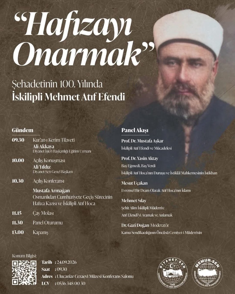 kokulupinar's tweet photo. 📌 “HAFIZAYI ONARMAK”
Şehadetinin 100. Yılında İskilipli Mehmet Atıf Efendi
Tarihi Ulucanlar Cezaevi'nde gerçekleştireceğimiz, geçmişe ve hakikate ayna tutacak panelimize davetlisiniz. 
📅 24 Eylül 2026, Perşembe
🕥 09:30
📍 Ulucanlar Cezaevi Müzesi Konf. Salonu
#HafızayıOnarmak https://t.co/KFE9dylrFy