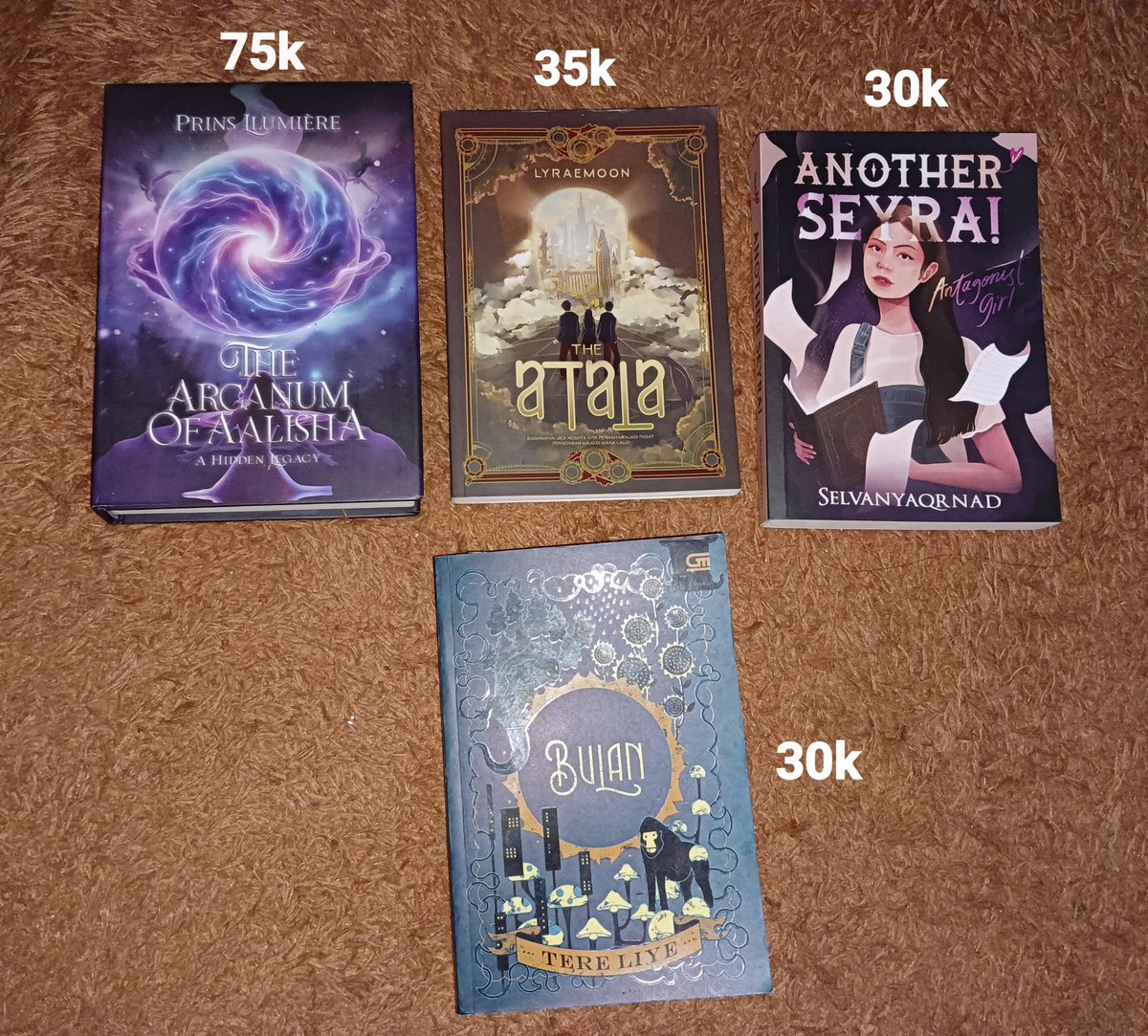TokoNeiy's tweet photo. 📚 WTS ‼️
Preloved Novel Original 
— The Arcanum Of Aalisha (Hard Cover)
— The Atala
— Another Seyra
— Bulan Tere Liye
| HARGA TERTERA DIFOTO |

bisa co 🍊 +15% admin (gratis ongkir) atau split pay via 🍊
bisa juga kirim manual via J&amp;T (ongkir menyesuaikan)

📍Kota Bogor https://t.co/Melt5jLrer