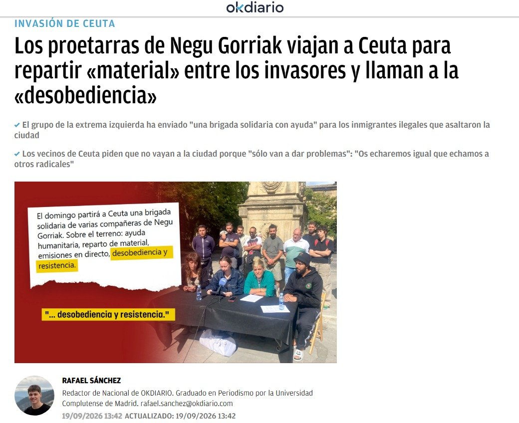 JulianMaciasT's tweet photo. OkDiario fue el primero en asociar con ETA a la ONG Negu Gorriak - Derecho a Techo, diciendo que iban a repartir material (se podía pensar que podrían ser armas) pero solo se trata de ayuda humanitaria.
Esta publicación fue difundida masivamente por la derecha digital y política. https://t.co/IqOBaLRk9F