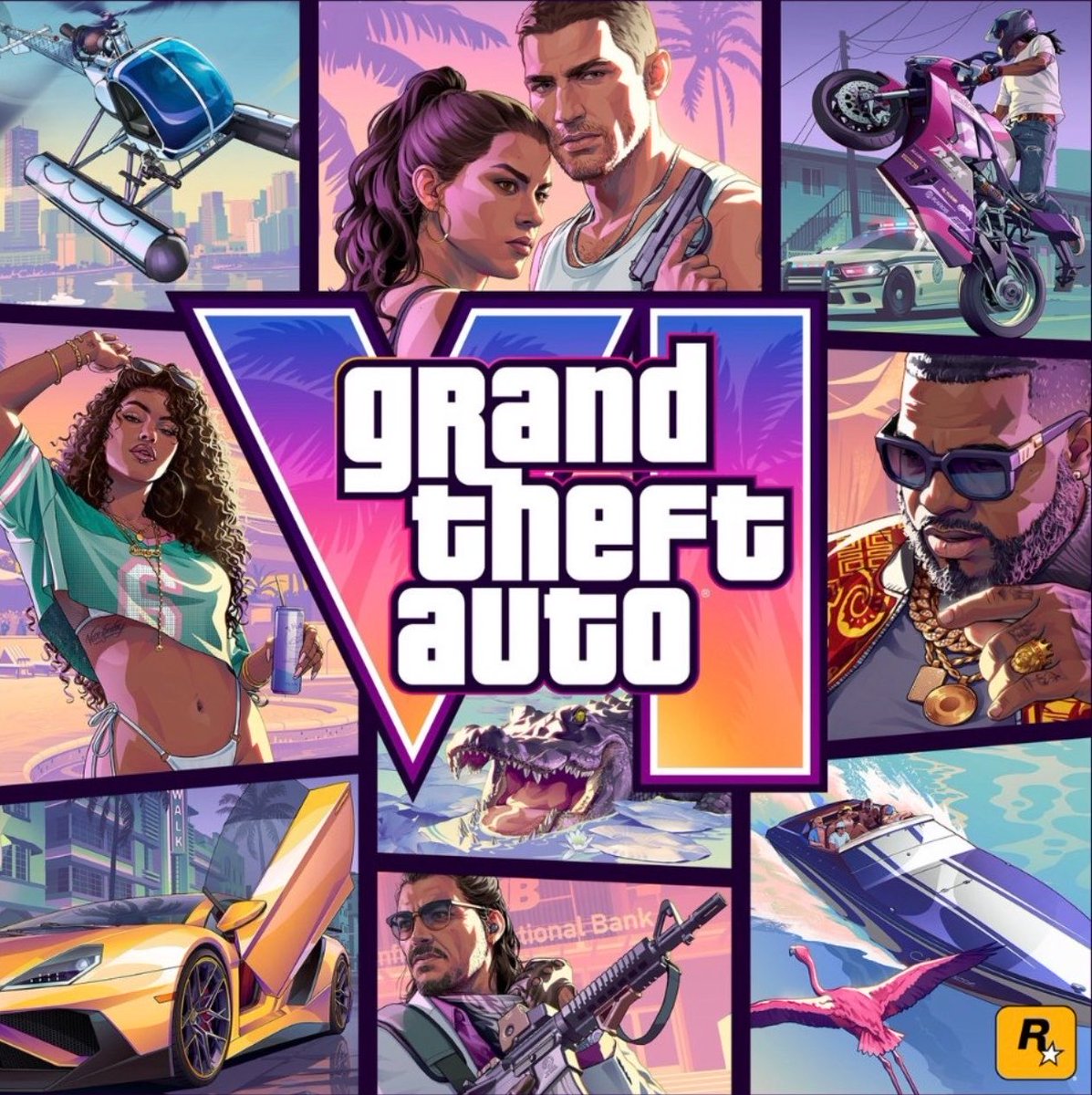 GTA VI artwork collage shared by a Source, showing characters, vehicles and the Grand Theft Auto VI logo.
