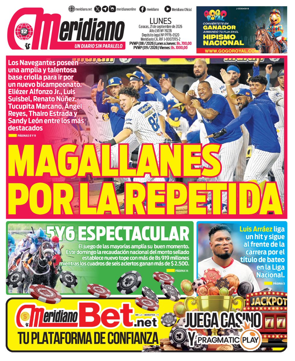 Meridianoonline's tweet photo. ¡FELIZ INICIO DE SEMANA! 🔥🗞️

✅ Presentamos nuestra porada para este lunes, 21 de septiembre. https://t.co/EhjvZeLWxC