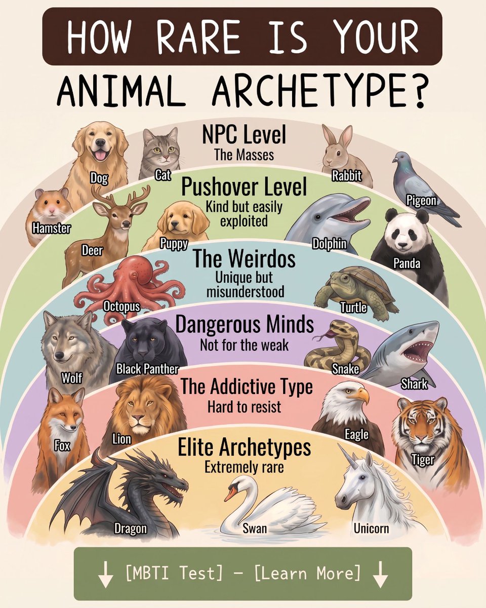xPersonaLab's tweet photo. A leader?
A strategist?
A protector?
A free spirit?

This test reveals your animal archetype based on your personality traits.

What animal do you think you are?

👇 Find out