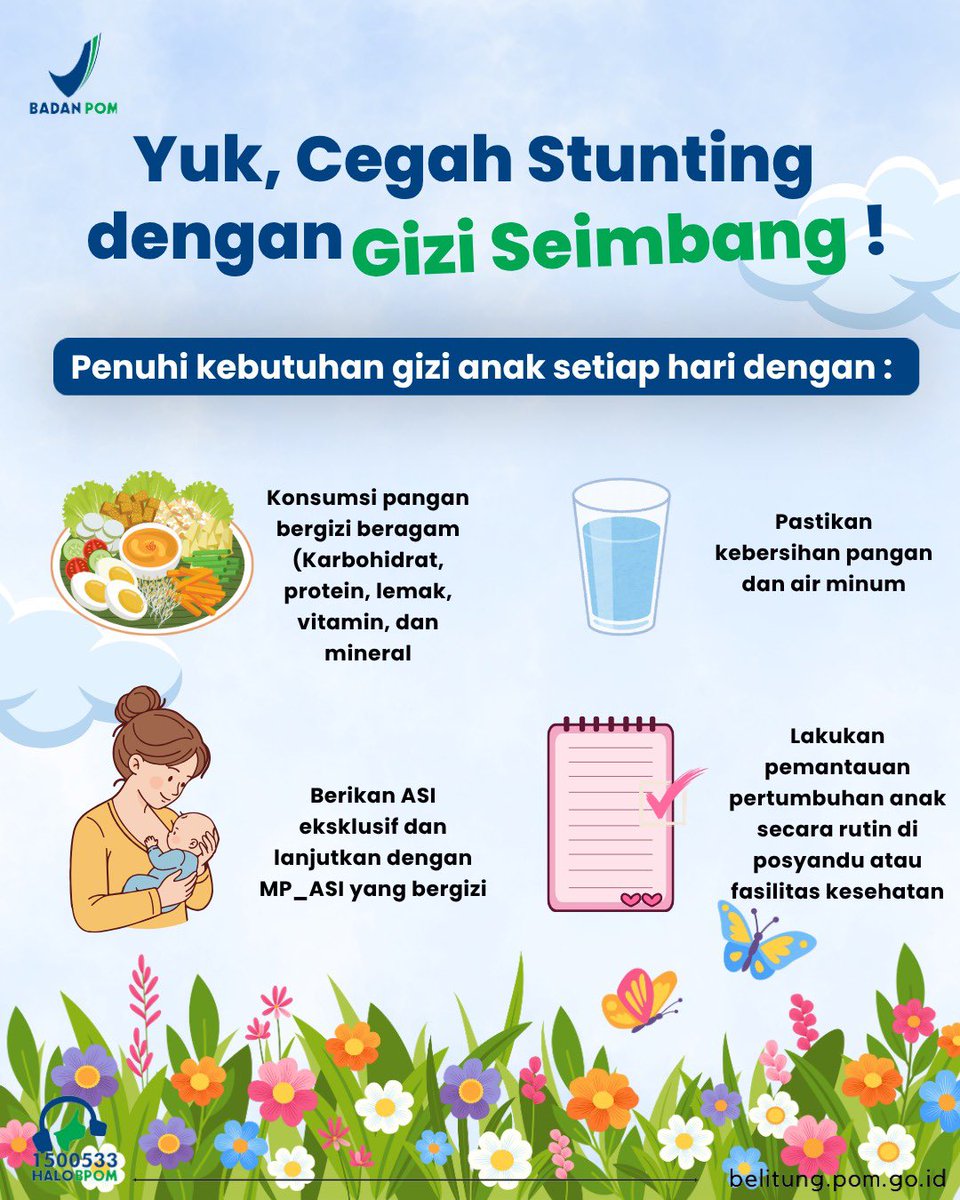 bpombelitung's tweet photo. π₯ Konsumsi makanan bergizi seimbang
π€± Penuhi kebutuhan gizi sejak 1.000 HPK
π§ Pastikan pangan dan air tetap aman
π Pantau tumbuh kembang anak secara rutin
Yuk, bersama wujudkan generasi sehat dan bebas stunting! πΆπ»β¨
#BPOM
#BPOMBelitung
#Belitung
#CegahStunting https://t.co/WJqsk8ukTd