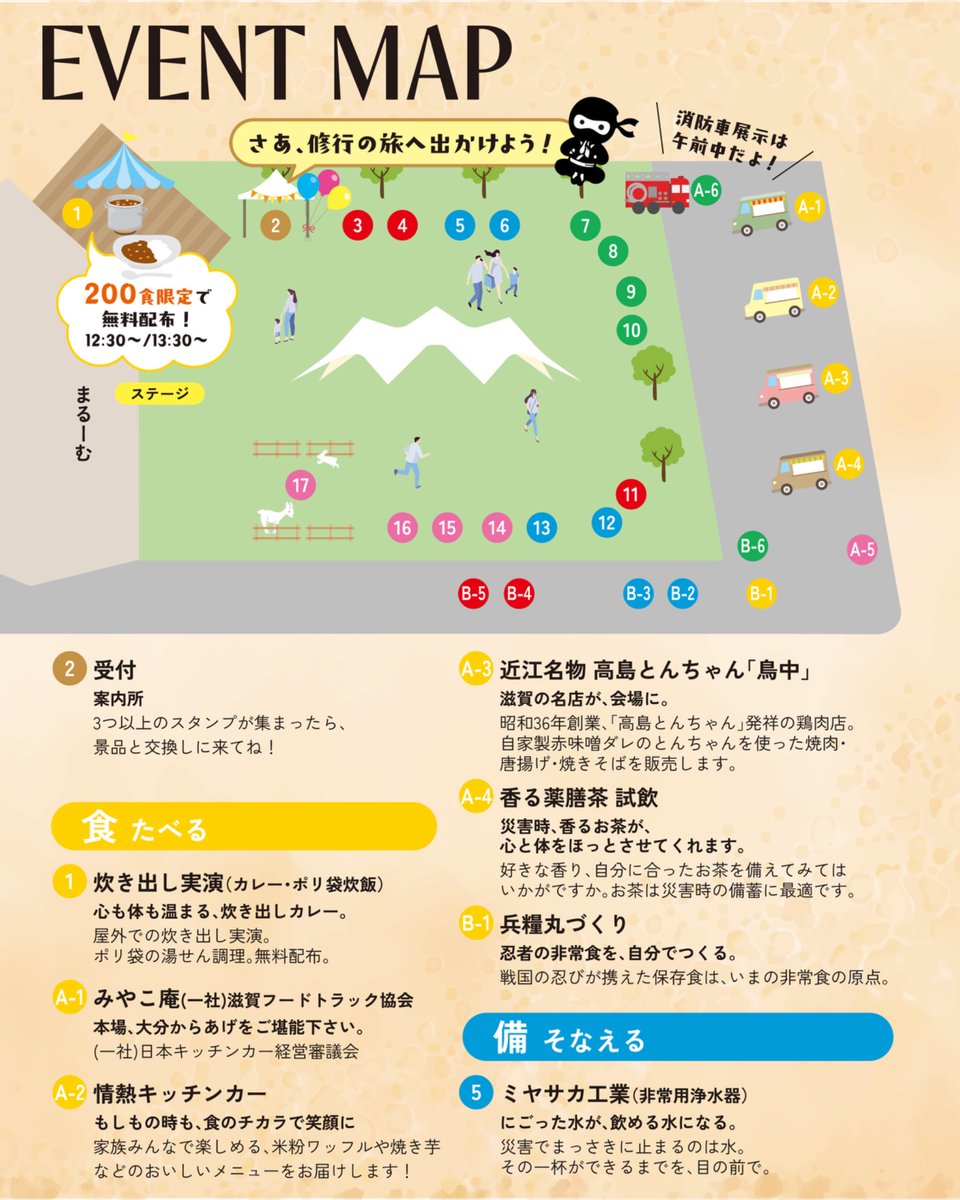 jyonetsuclub's tweet photo. 🥷✨【会場MAP公開！】✨🥷

9月26日（土）開催！
「情熱 防災・防犯フェス 〜みんなで学ぶニンニン祭り〜」

当日の会場MAPを公開します🎉

会場には「備・守・活・食・継」の5つのテーマで、楽しみながら防災・防犯を学べるブースが大集合🔥

🚒 消防車展示＆職業なりきり体験
🧯 消火・防犯体験
❤️ AED・救命＆応急手当
🍛 炊き出し実演＆キッチンカー
🐾 ふれあい動物園
🥷 忍者の非常食「兵糧丸づくり」
📻 無線かくれんぼ
🏕️ 避難所体験　などなど！

ステージでは、Ninjackによるサバイバル忍術体験をはじめ、キッズパフォーマンス、防災＆医療ステージ、防災トーク、防犯ステージ、マジックショー、最後は「おかしまき」も🍭✨

さらに、炊き出しカレー＆アイラップ炊飯は【200食限定・無料配布】🍛
12:30〜／13:30〜を予定しています！

「どこから回ろう？」と迷わないように、ぜひ会場MAPを事前にチェック＆保存しておいてください📌

📅9月26日（土）10:00〜17:00
📍甲賀市まちづくり活動センター「まるーむ」
🎟️入場無料

五術でまもる、みんなの未来🥷🔥

#情熱防災防犯フェス2026
#情熱クラブ
#情熱クラブ一般社団法人
#甲賀市
#まるーむ
